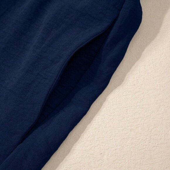 Shirred Navy Blue Wide Leg Jumpsuit With Pockets - Picture 6 of 9